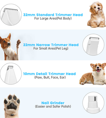 4 in 1 Dog Clippers, Low Noise Pets Hair Clipper Grooming Kit, Cordless Dog Paw Trimmers Rechargeable Quiet Nail Grinder Shaver for Dogs Cats Trimming Hair around Paws Eyes Ears Face Rump