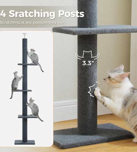 90-107" Floor to Ceiling Cat Tree Tower 4 Tier Tall Cat Climbing Posts Adjustable, Gray