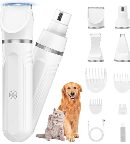 4 in 1 Dog Clippers, Low Noise Pets Hair Clipper Grooming Kit, Cordless Dog Paw Trimmers Rechargeable Quiet Nail Grinder Shaver for Dogs Cats Trimming Hair around Paws Eyes Ears Face Rump