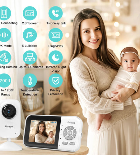 Wifi Video Baby Monitor, 2.8" LCD & App Viewing, 2-Way Audio, Night Vision, VOX, 5 Lullabies, Supports 4 Cameras, 1200Ft Range, Home Use
