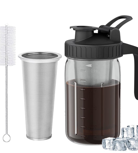 Cold Brew Coffee Maker - 32Oz Stainless Steel Filter Cold Brew Pitcher Jar, No Leaks Cold Brew Mason Jar Coffee Maker, Easy to Clean Cold Coffee Maker