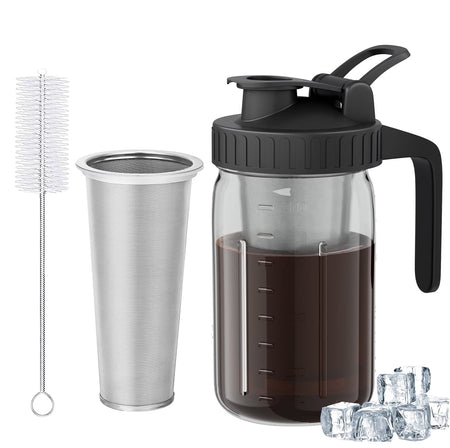 Cold Brew Coffee Maker - 32Oz Stainless Steel Filter Cold Brew Pitcher Jar, No Leaks Cold Brew Mason Jar Coffee Maker, Easy to Clean Cold Coffee Maker