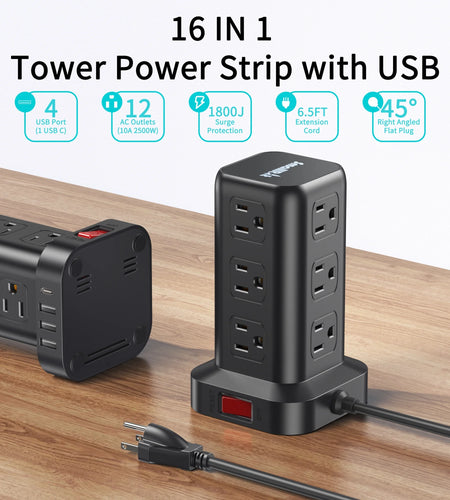 Power Strip Tower 12 Outlets with 4 USB Ports Surge Protector Electric Charging Station 6.5Ft Cord, Black