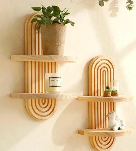1Pc Wooden Wall Mounted Shelves, Boho Style Rack, Modern Home Decor for Living Room, Bathroom Display Decoration