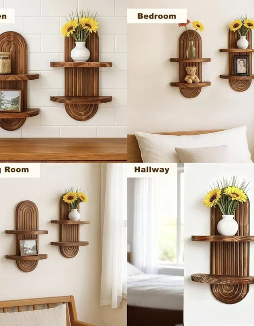Load image into Gallery viewer, 1Pc Wooden Wall Mounted Shelves, Boho Style Rack, Modern Home Decor for Living Room, Bathroom Display Decoration
