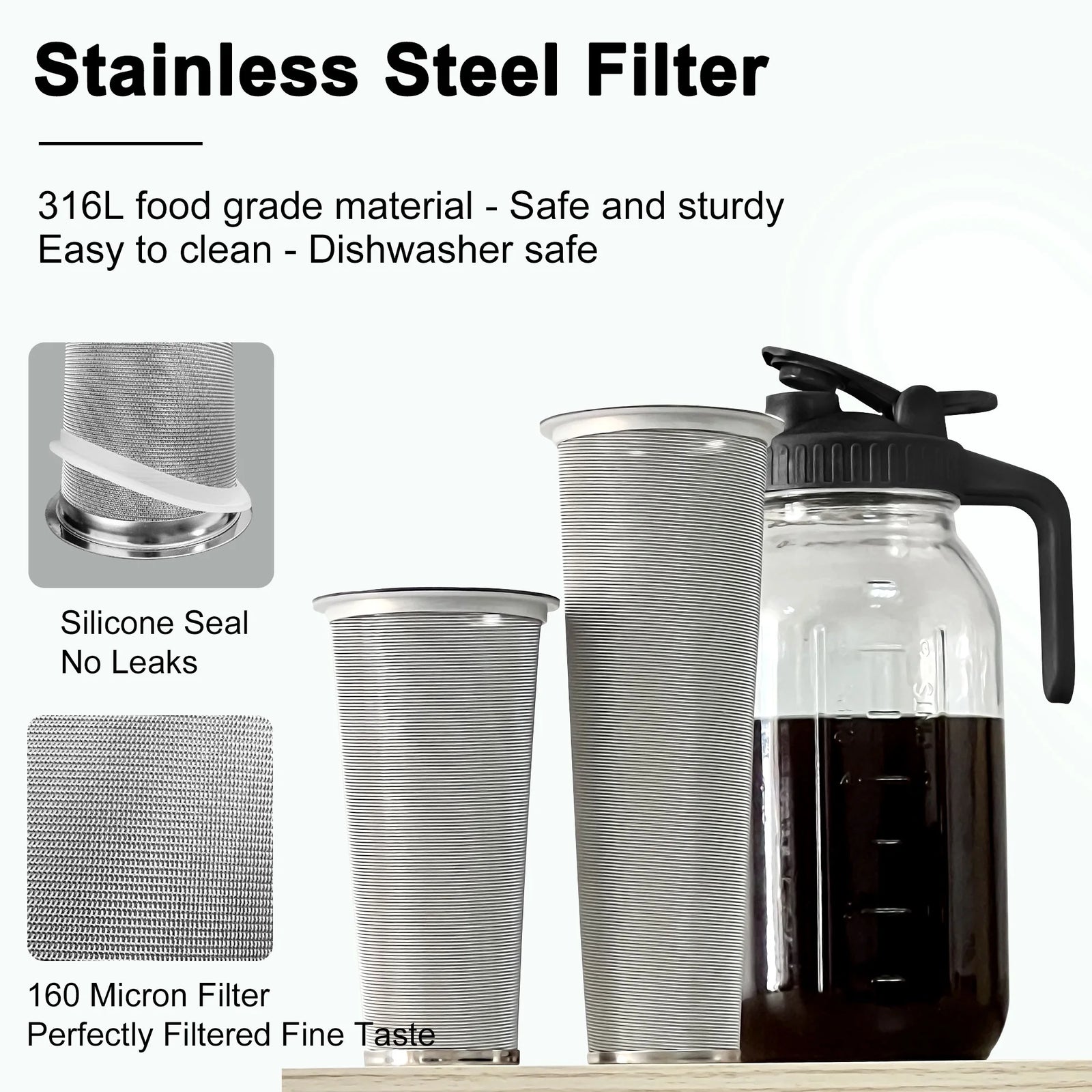 Cold Brew Coffee Maker - 32Oz Stainless Steel Filter Cold Brew Pitcher Jar, No Leaks Cold Brew Mason Jar Coffee Maker, Easy to Clean Cold Coffee Maker