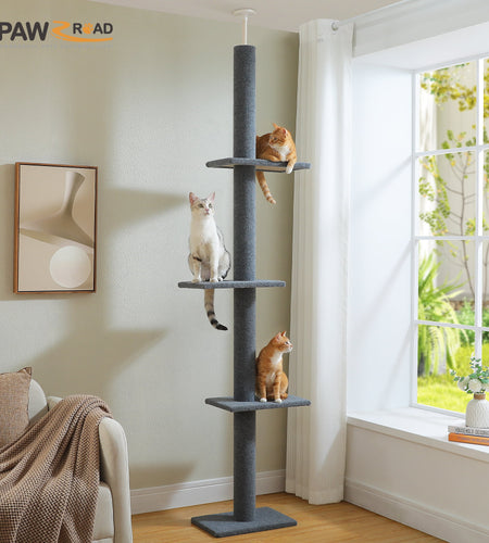 90-107" Floor to Ceiling Cat Tree Tower 4 Tier Tall Cat Climbing Posts Adjustable, Gray